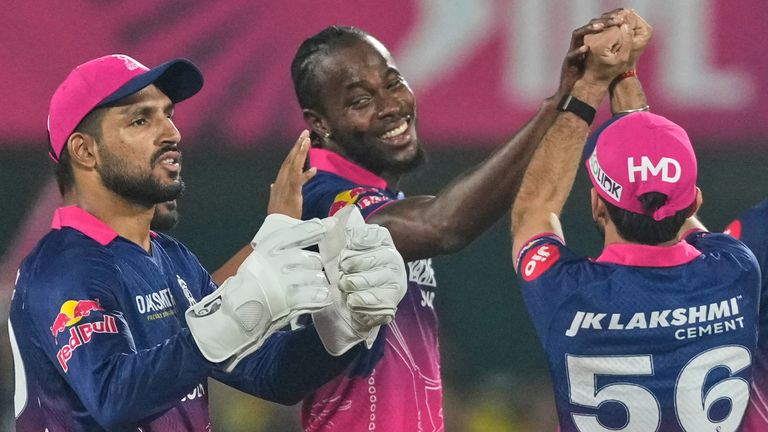 Rajasthan Royals' Jofra Archer celebrates a wicket in the IPL (Associated Press)