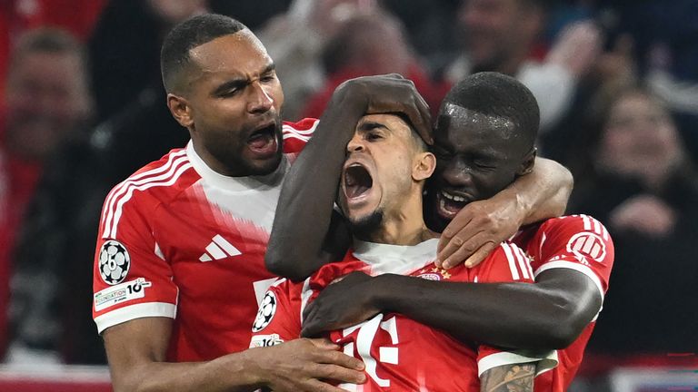 Bayern's Luis Diaz celebrates his crucial late goal against Real Madrid in Munich