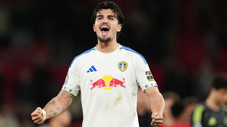 Leeds United's Pascal Struijk celebrates victory at Manchester United
