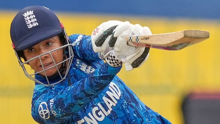 England's Sophia Dunkley plays a shot during the ICC Women's Cricket World Cup (Associated Press)