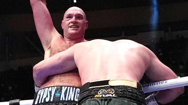 Tyson Fury celebrates at the end of his fight with Arslanbek Makhmudov